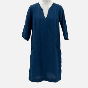 LenOk 100% Linen 3/4 Sleeve Lagenlook Pocket Dress in Sea Blue - Size Small